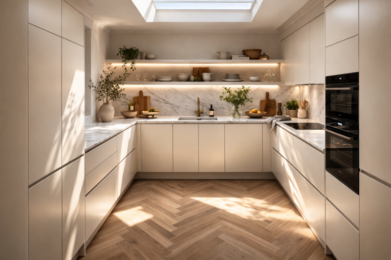 Cuisine rénovée Façades Sweetch Modèles TUX et PAO Coloris Chiffon