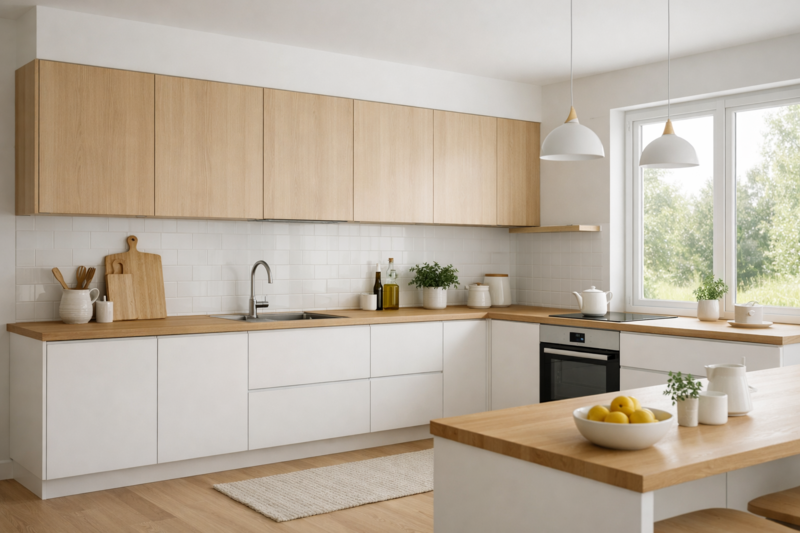 Cuisine scandinave en L avec façades blanches mates, meubles hauts bois clair et plan de travail chêne